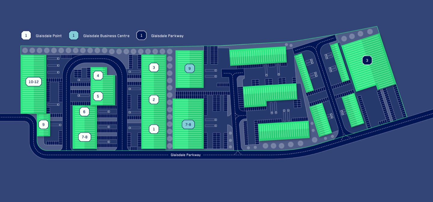 Site plan of Glaisdale Parkway showing units at Glaisdale Point, Glaisdale Business Centre and Glaisdale Parkway